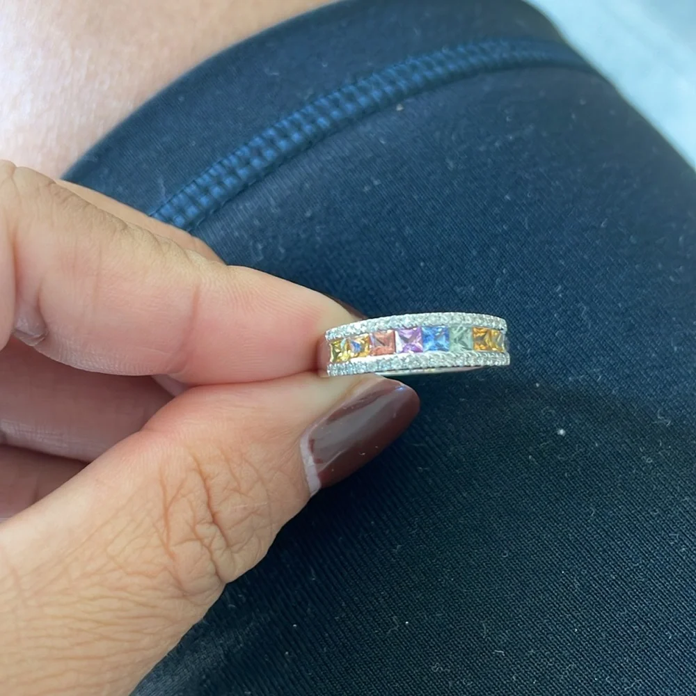 ✨ solid 18k white gold rainbow diamond sapphire channel set half eternity ring